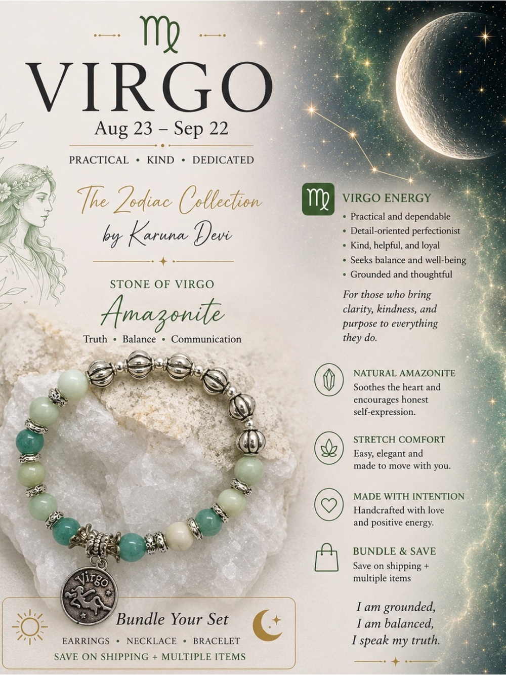 Virgo, Genuine Amazonite Handcrafted Silver Charm Bracelet